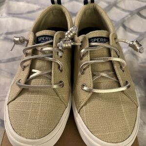 Sperry Tan Linen-Textured Casual Sneakers with Silver Laces
